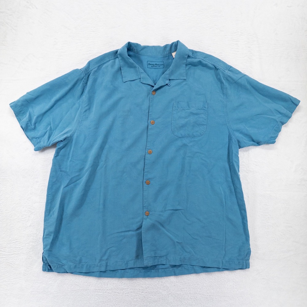 Tommy Bahama Mens Silk Button Down Shirt XXL Blue Tropical Leaf Camp Aloha